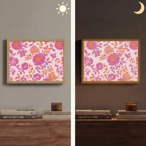 Bloemenpatroon - Roze - Oranje - Bloemen Light Box met batterij (Wandlamp) middel -sfeer3