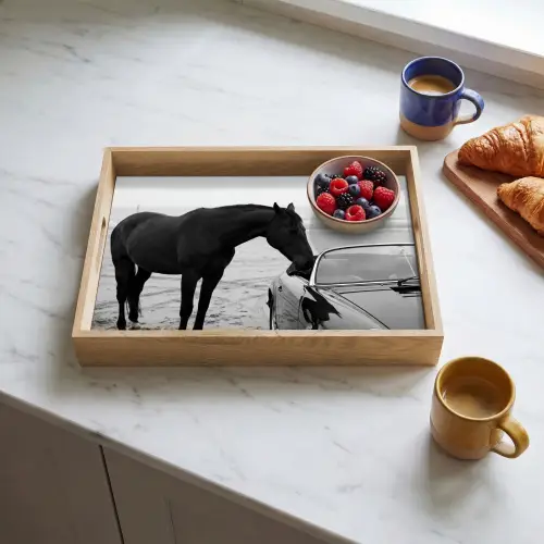 Paard - Auto - Zwart - Wit Dienblad Rechthoek middel -sfeer2