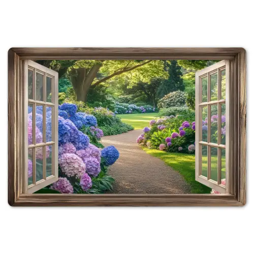 Doorkijk - Tuin - Raam - Hortensia - Bloemen Placemat vinyl groot -zzsfeer1_Kitchenyeah-website