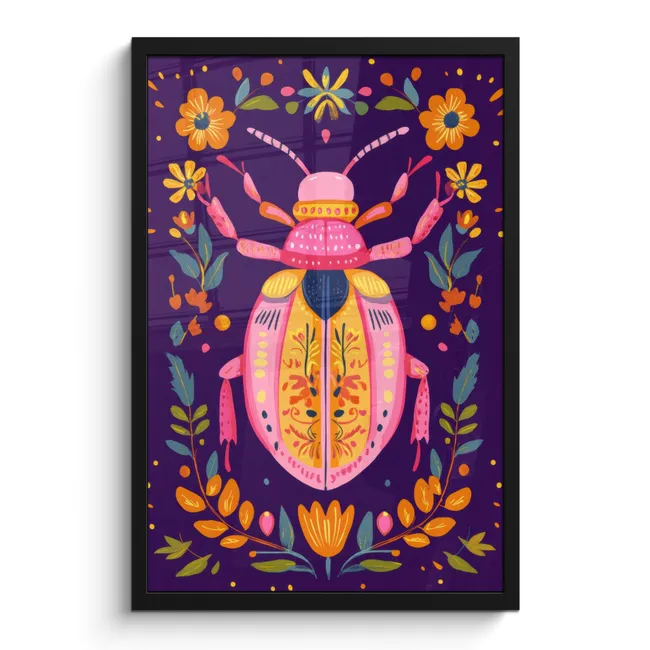 Poster met lijst - Kever - Felgekleurd - Bloemen - Bladeren