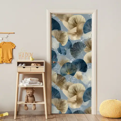 Bladeren - Abstract - Goud - Blauw deurposter klein -sfeer4