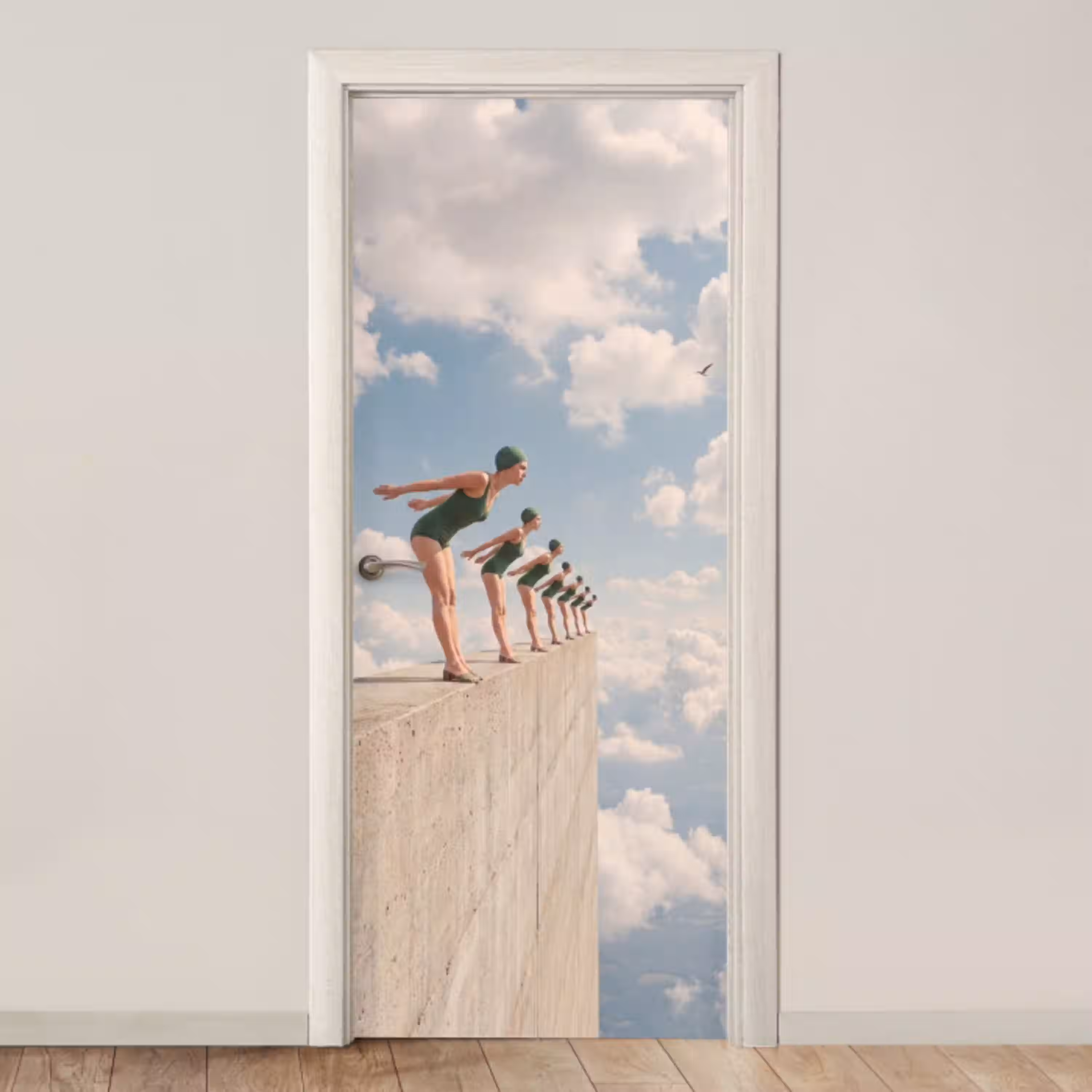 Vrouwen - Duikhouding - Wolken deurposter klein -3d_beige