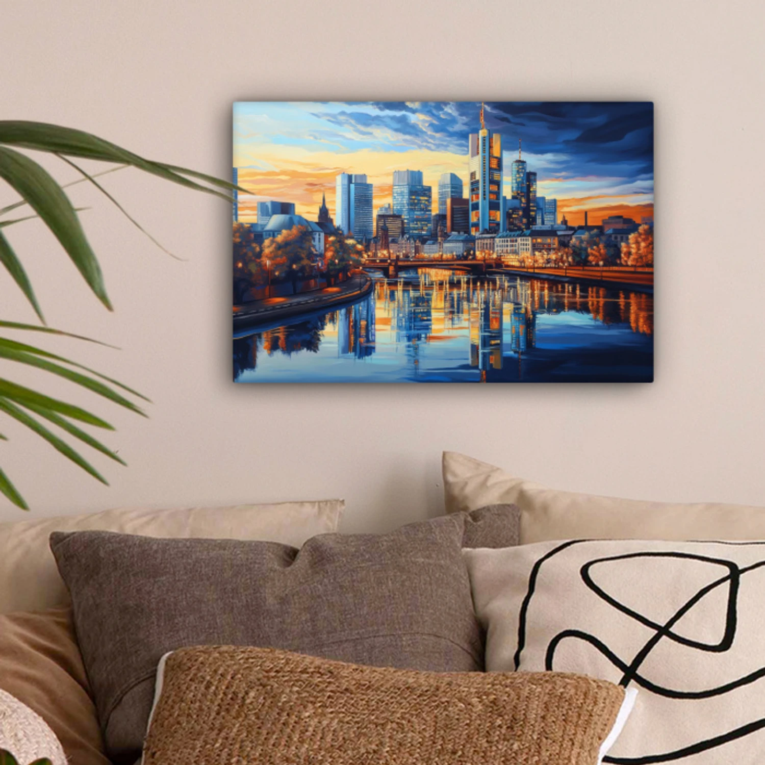Zonsondergang Frankfurt - Stad - Skyline - Water canvas 2cm klein -sfeer1