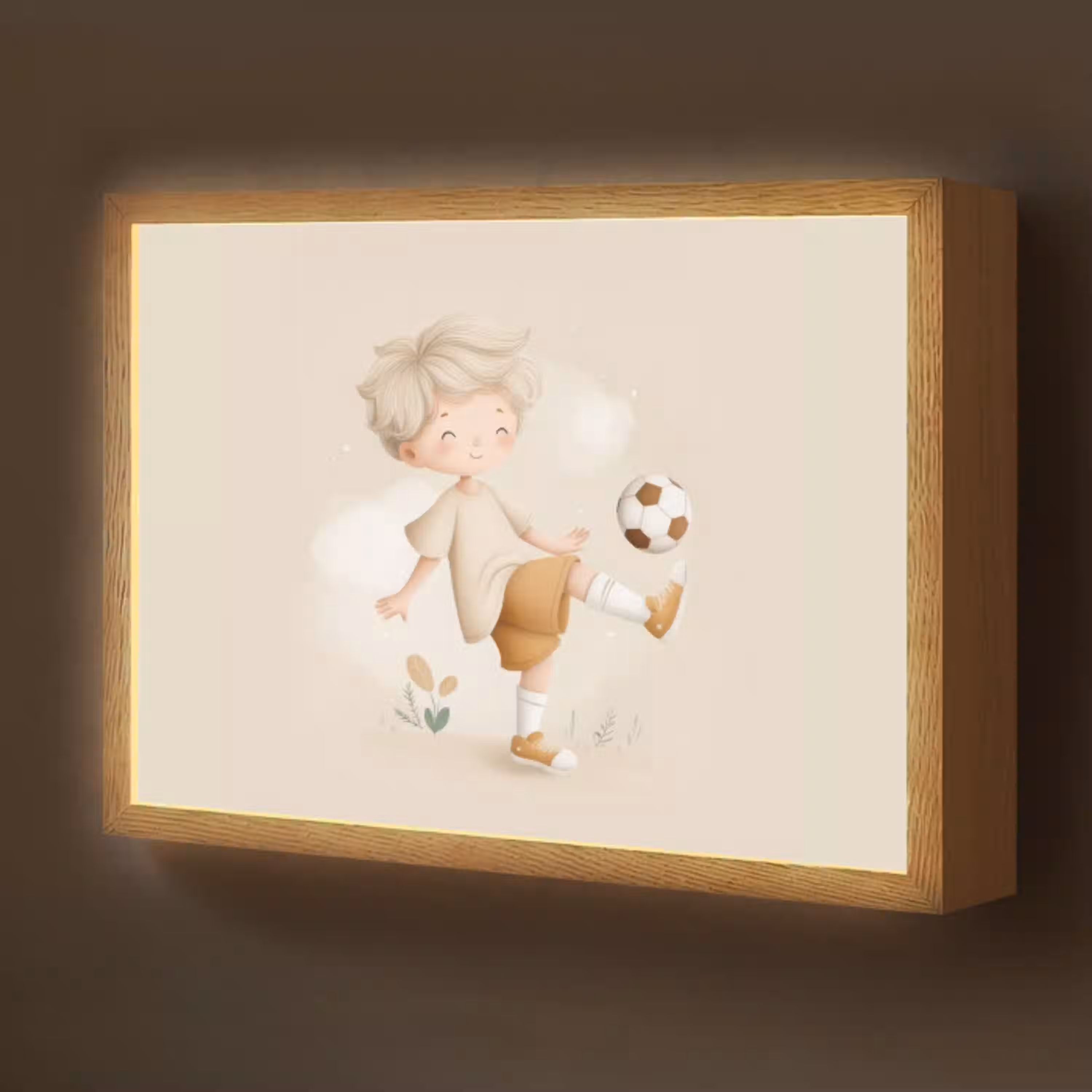 Jongen - Beige - Minimalistisch - Voetbal Light Box met batterij (Wandlamp kind) middel -z3d_website