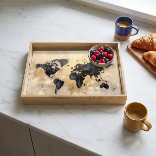Wereldkaart - Goud - Zwart - Abstract Dienblad Rechthoek middel -sfeer2