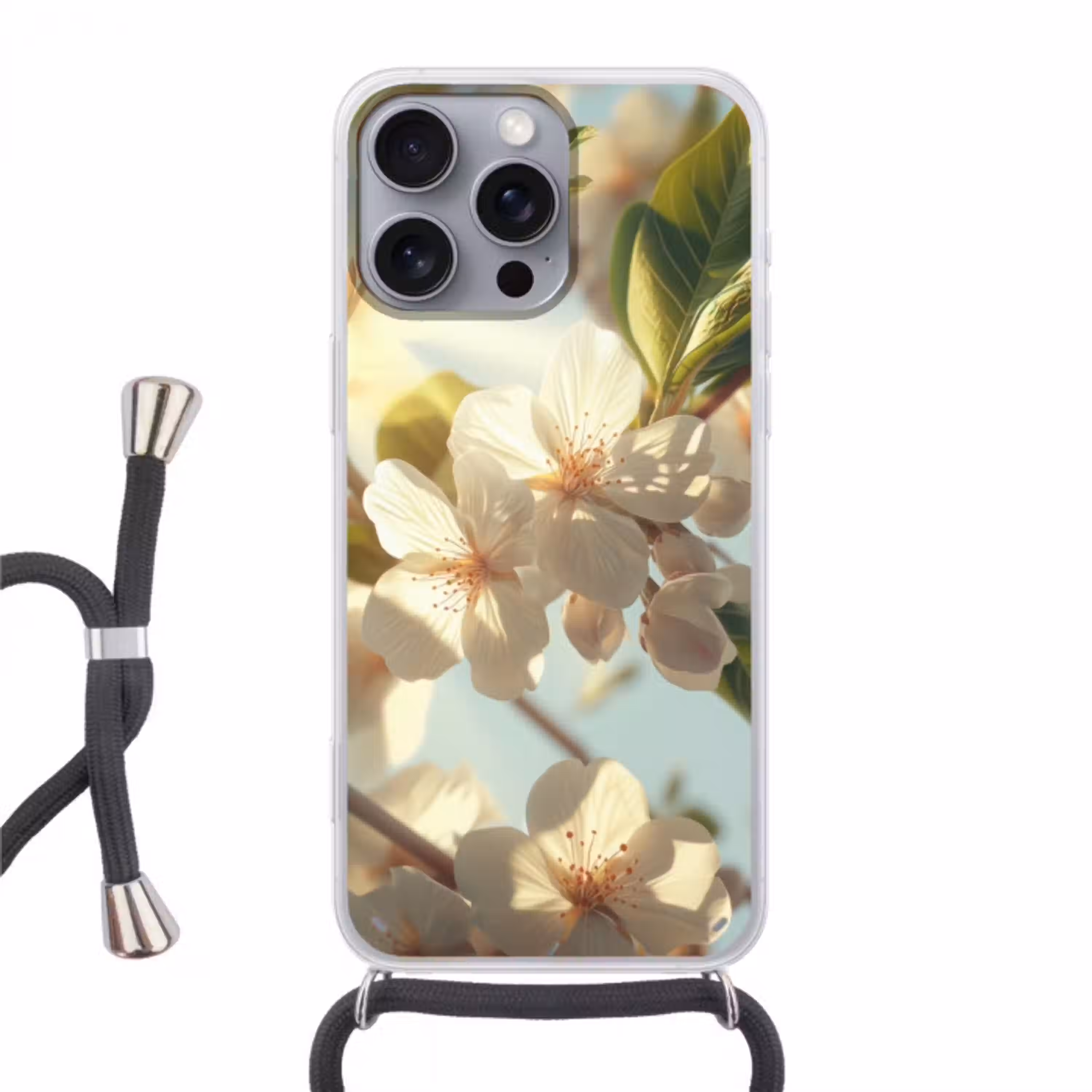 Bloesems - Wit - Zonnestralen -  Bloemblaadjes Hoesje iPhone 16 Pro Max met koord klein -3d
