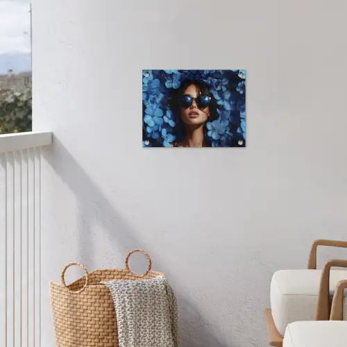 Vrouw - Blauw - Bloemen - Vlinders - Natuur tuinposter los doek klein -sfeer8