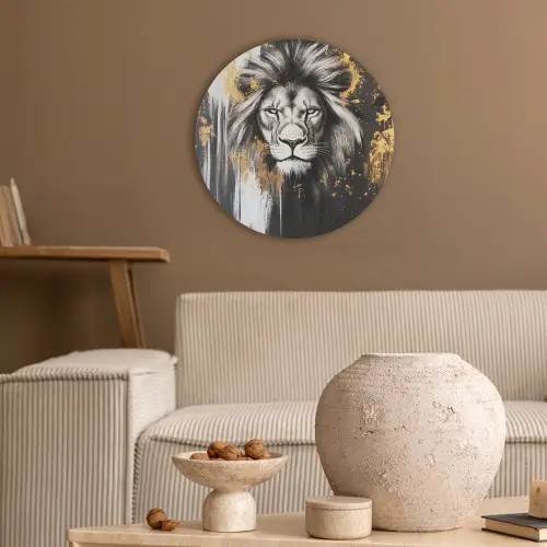 Leeuw - Portret - Verfspatten - Grijs Akoestische PET Vilt - Rond klein -sfeer1