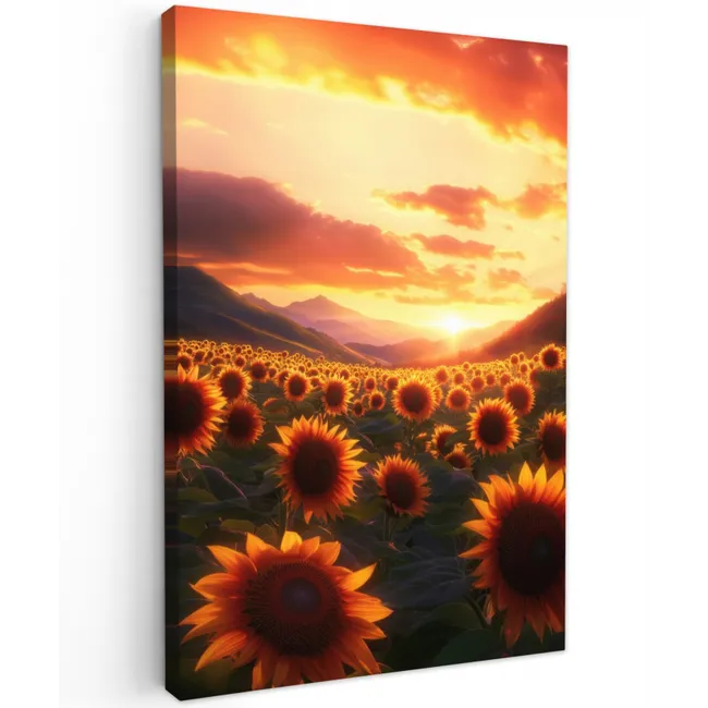 Zonnebloemen - Zonsondergang - Landschap Tuinposter op houten frame 2 cm dik klein -3d