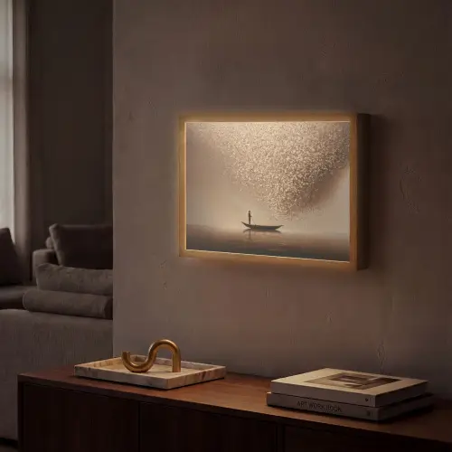 Bootje - Blaadjes - Goud - Water Light Box met batterij (Wandlamp) middel -sfeer1