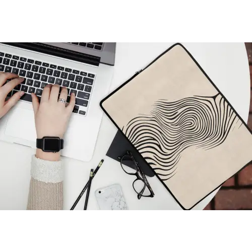 Lijnen - Abstract - Golvend - Zwart laptophoes neopreen klein -bureau
