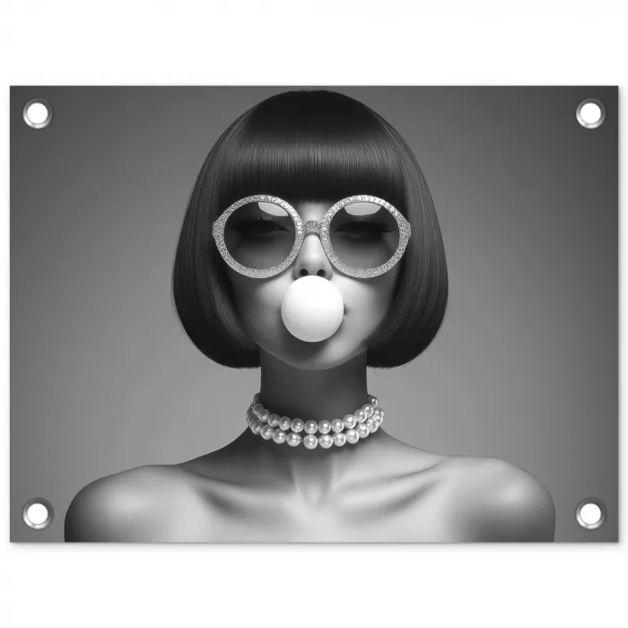 Vrouw - Zwart Wit - Ketting - Zonnebril tuinposter los doek klein -3d