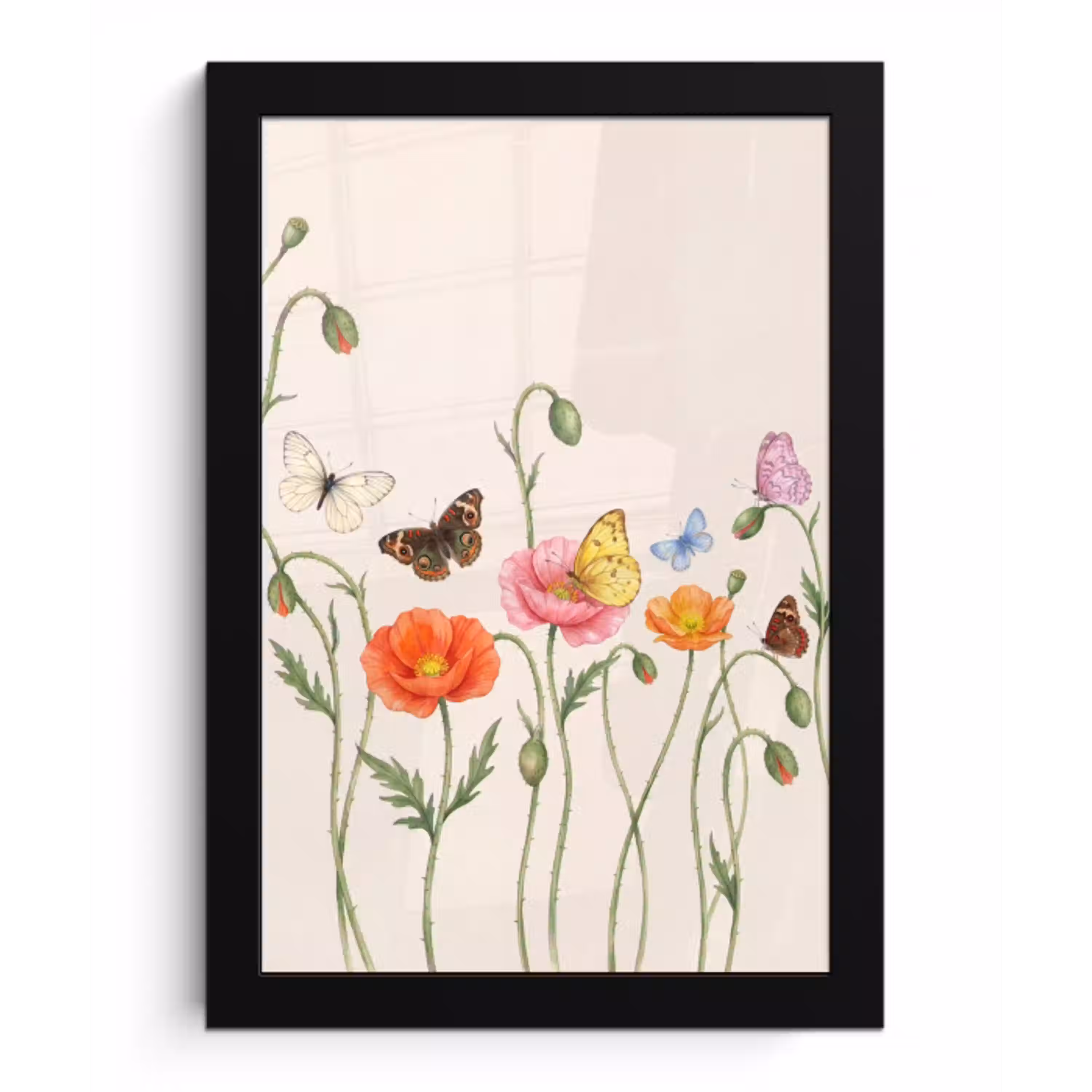 Vlinders - Klaprozen - Illustratie - Kleurrijk fotolijst zwart zonder passe partout klein -3d