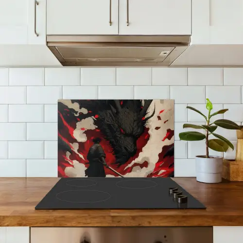 Krijger - Draak - Zwart - Rood - Rook keuken achterwand spatscherm klein -sfeer2