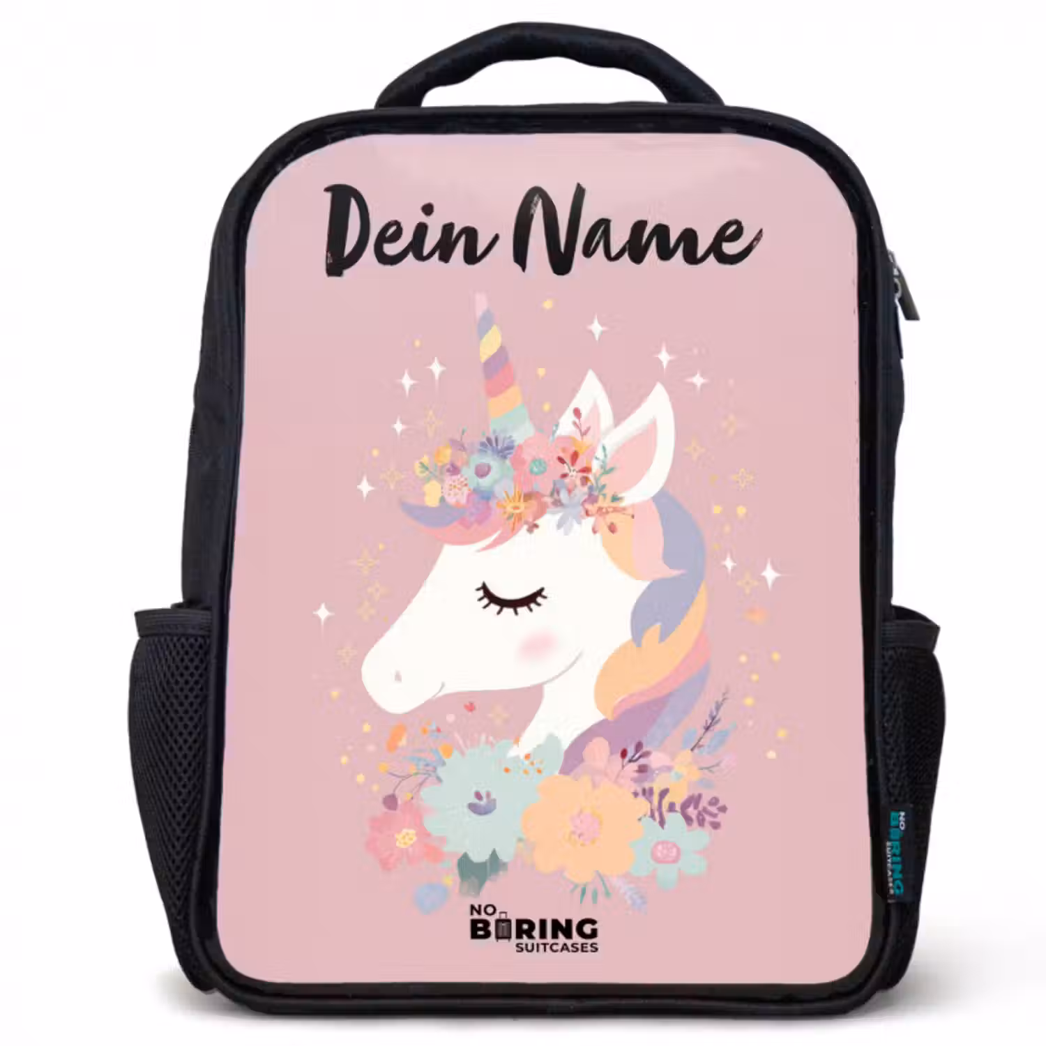 Kinderrucksack mit Namen - Schwarz - Einhorn - Rosa - Blumen