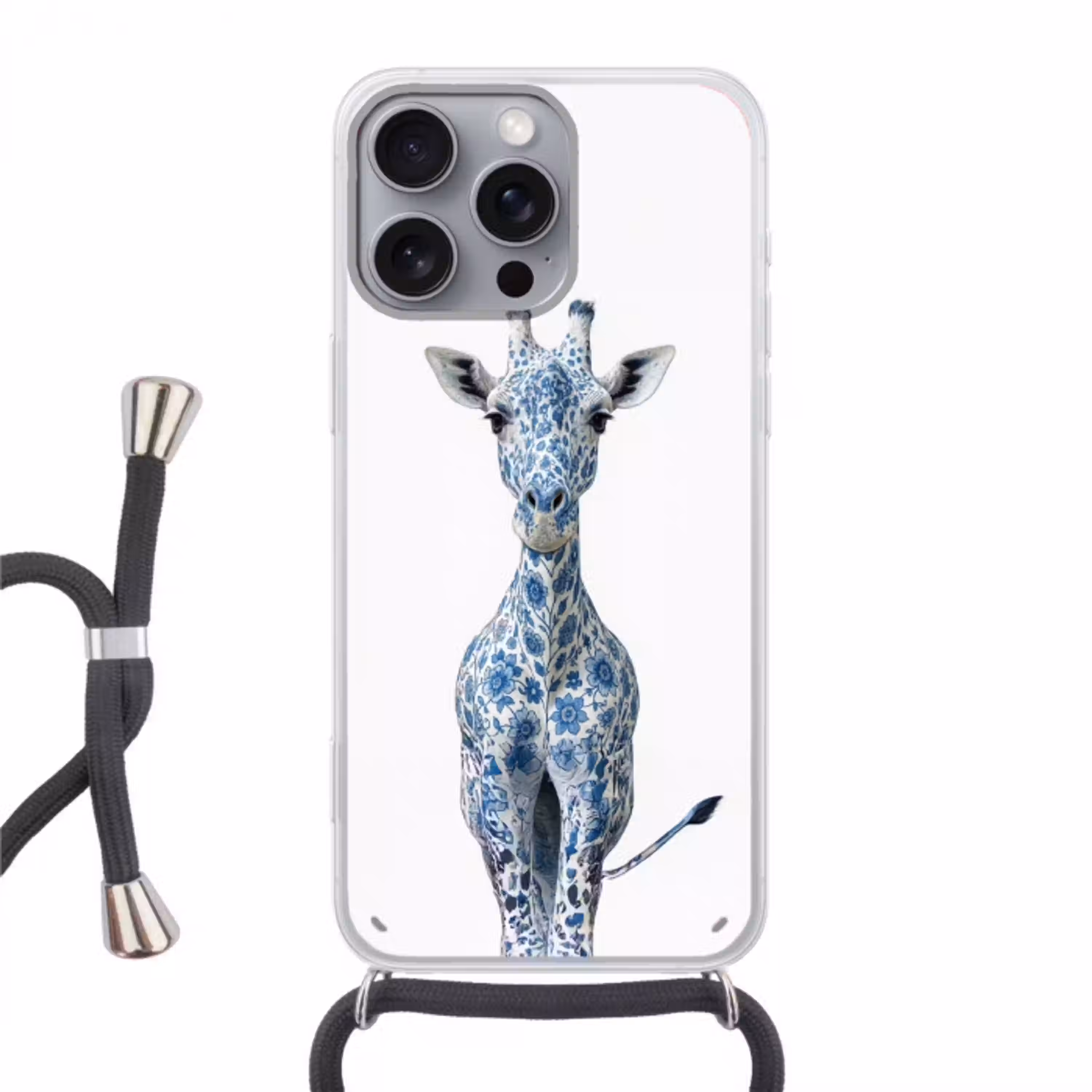 Giraffe - Delfts blauw - Dieren - Minimalistisch Hoesje iPhone 16 Pro Max met koord klein -3d