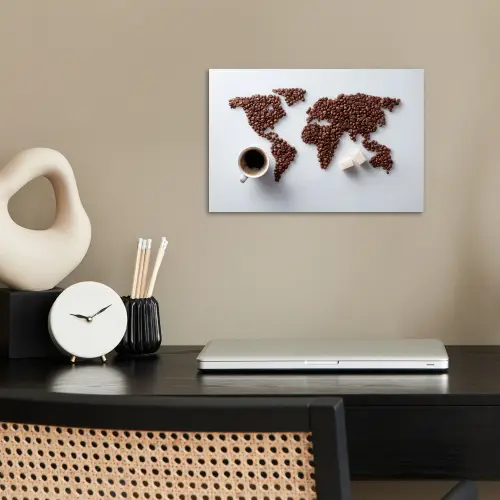 Wereldkaart - Koffiebonen - Suikerklontjes poster papier klein -sfeer1