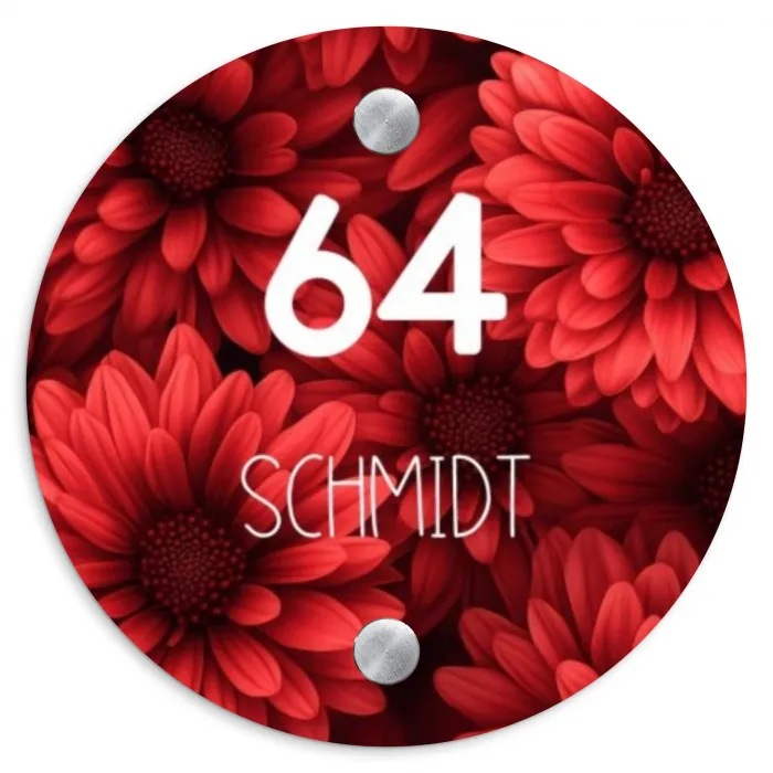 Rode bloemen - Modern Naambord Rond klein -3d
