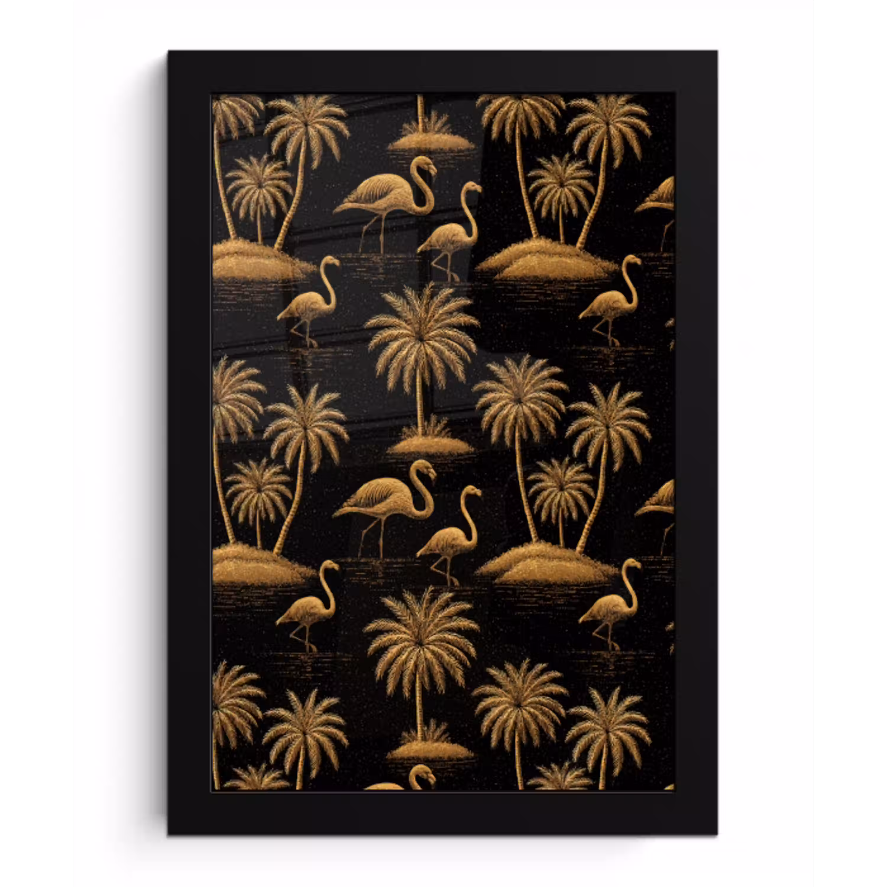 Flamingo - Palmbomen - Tropisch - Goud - Zwart fotolijst zwart zonder passe partout klein 224 -3d