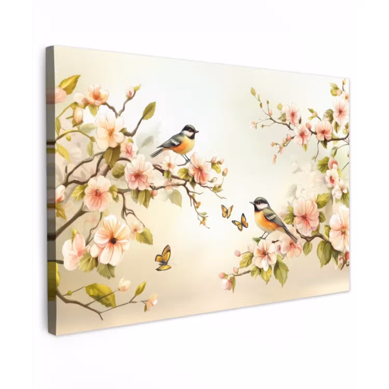 Canvas schilderij - Takken - Bloemen - Vogeltjes - Roze