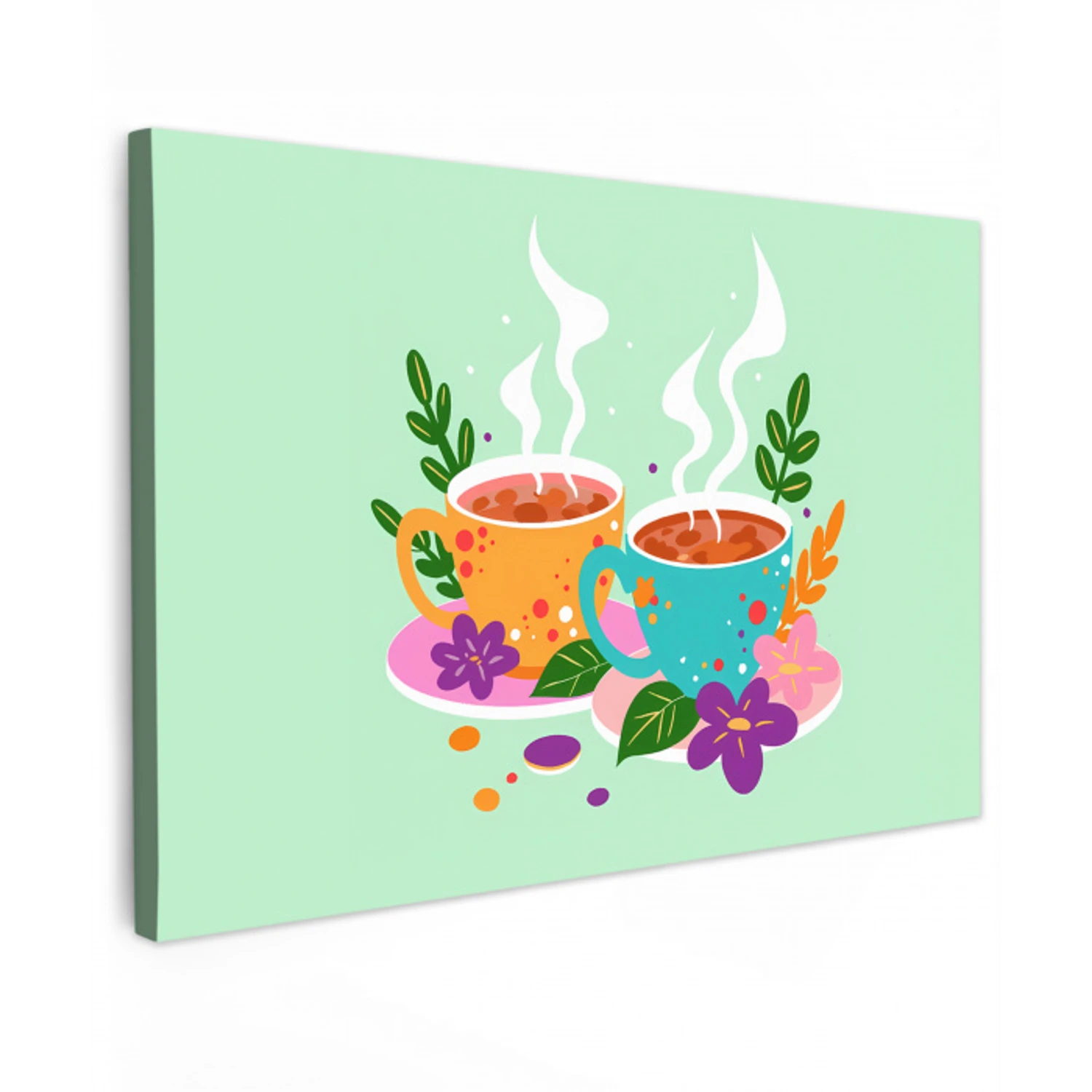 Thee - Illustratie - Kopjes - Bloemen canvas 2cm klein -z3d