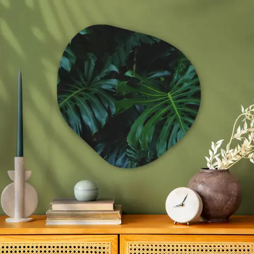 Monstera - Bladeren - Tropisch - Jungle Wandcirkel Organisch Plexiglas middel -sfeer2