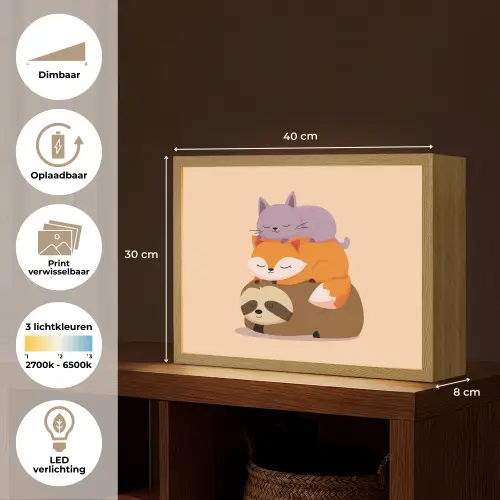 Luiaard - Vos - Kat - Slaperig Light Box met batterij (Wandlamp kind) middel -USP_websiteoverzichtNL