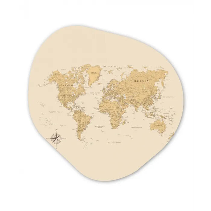 Wereldkaart - Realistisch - Beige Wandcirkel Organisch Forex 3mm klein -3d