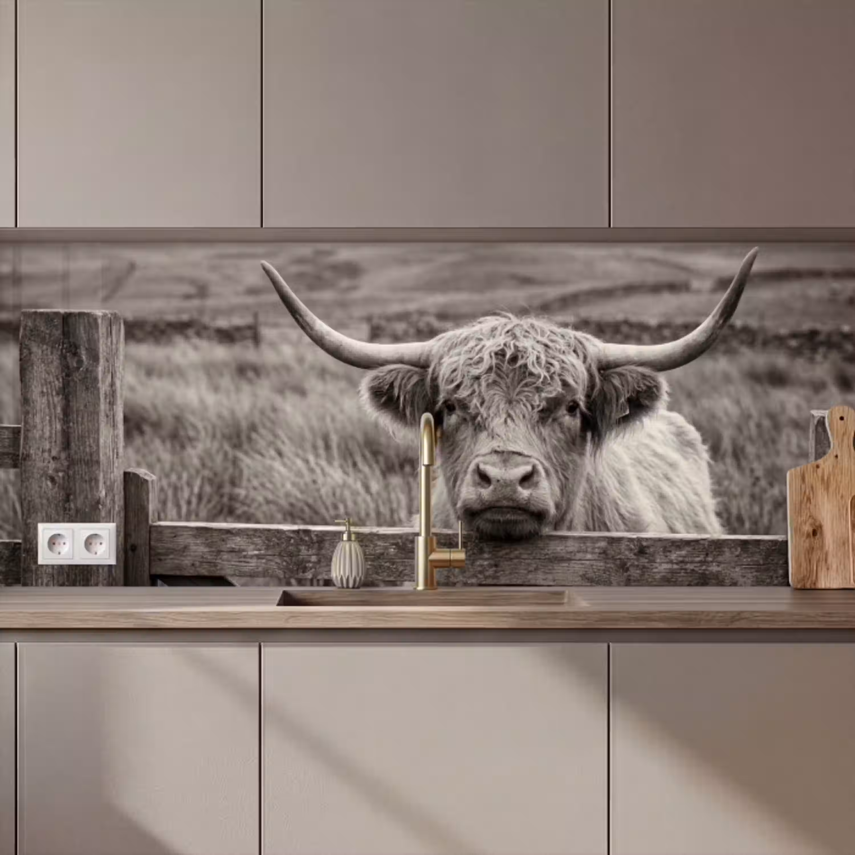 Schotse hooglander - Zwart - Wit - Hout keuken achterwand 2 middel zz_3dshopping