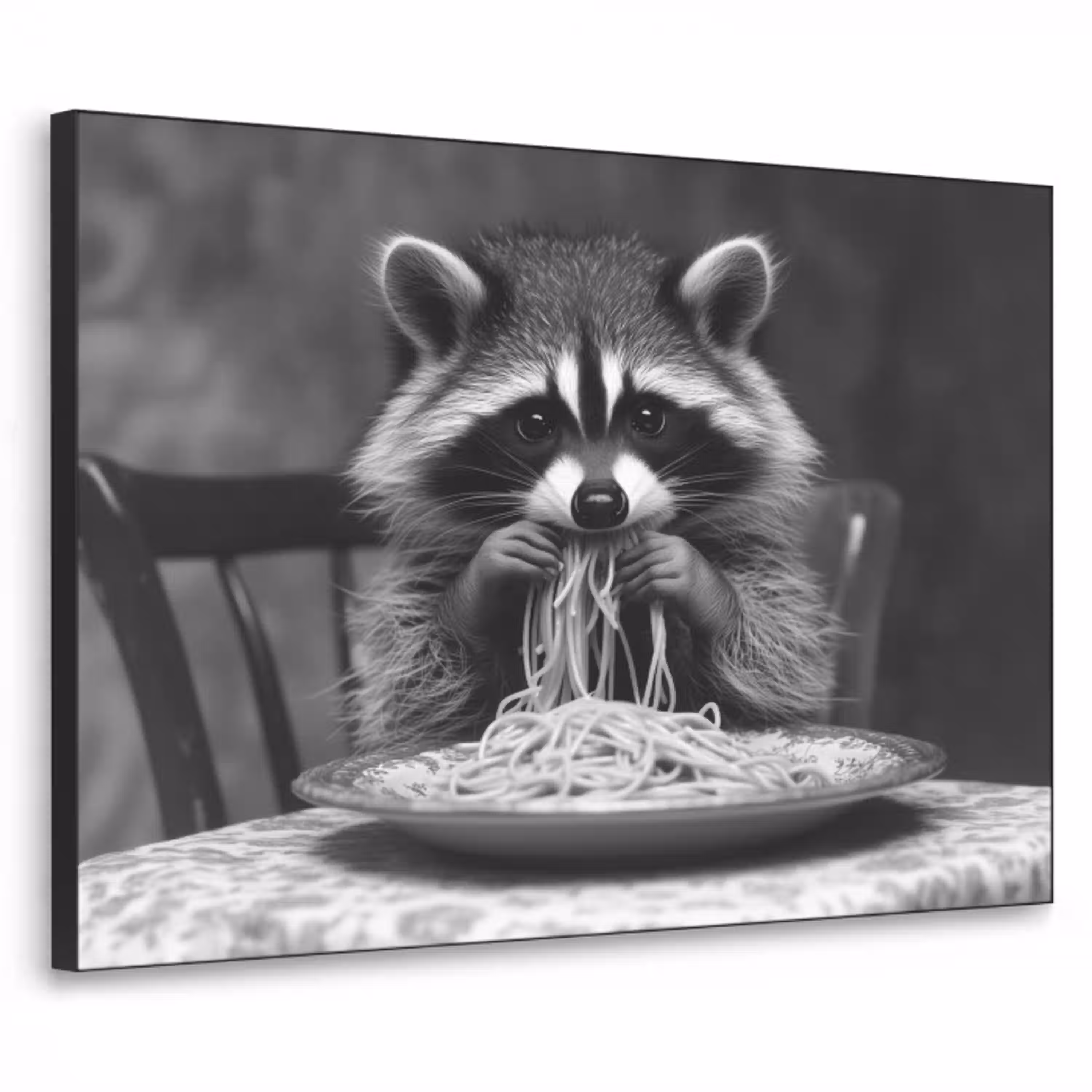 Wasbeer - Cute - Pasta - Tafelkleed - Zwart - Wit Textielframe - compleet frame klein -3d
