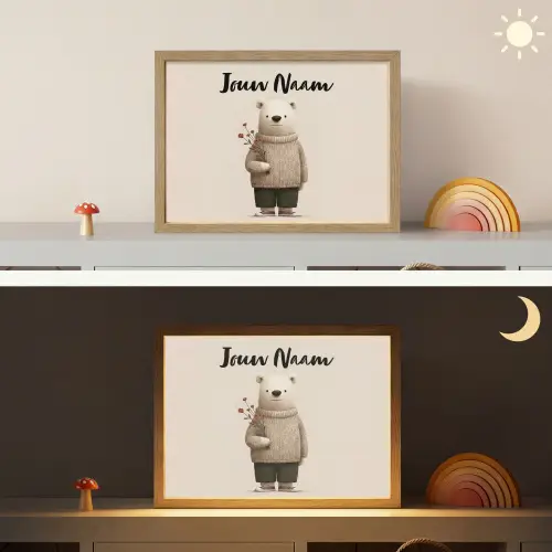Knuffelbeer - Oranje bloemen - Vriendelijk Light Box met batterij (Wandlamp kind) middel -sfeer3_kind