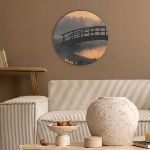 Brug - Mist - Bomen - Water Akoestische PET Vilt - Rond klein -sfeer1
