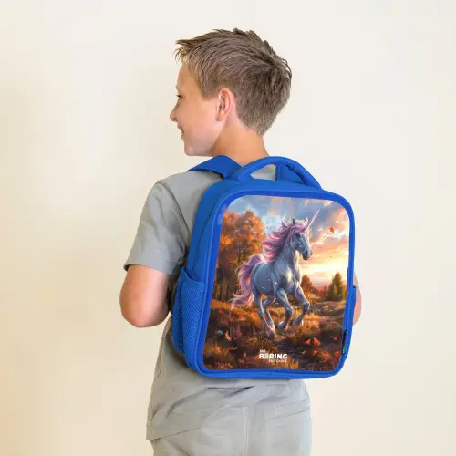Galopperende Eenhoorn in Herfstwereld Kinderrugzak - Blauw middel -sfeer2
