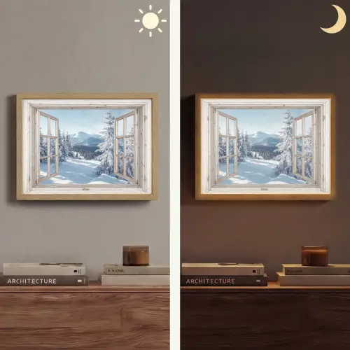 Doorkijk - Winter - Landschap - Natuur - Berg - Bomen - Wit Light Box met batterij (Wandlamp) middel -sfeer3