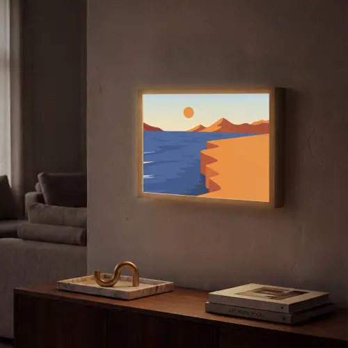 Landschap - Bergen - Zon - Zee Light Box met batterij (Wandlamp) middel -sfeer1