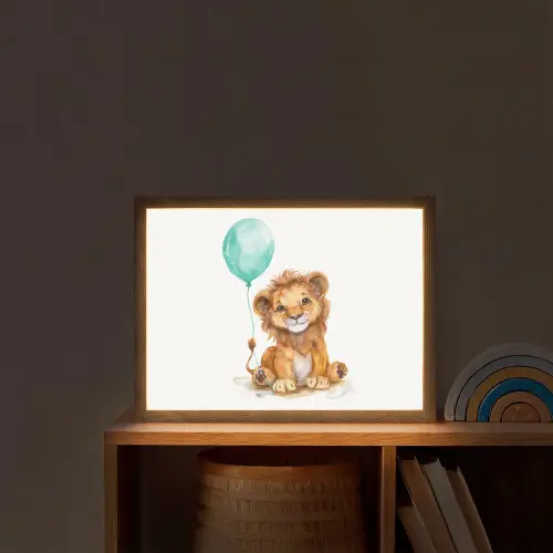 Leeuw - Baby dier - Blauwe ballon Light Box met batterij (Wandlamp kind) middel -sfeer1_kind