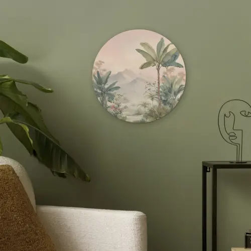 Tropisch landschap - palmbomen - Bloemen - Roze lucht Akoestische PET Vilt - Rond klein -sfeer2