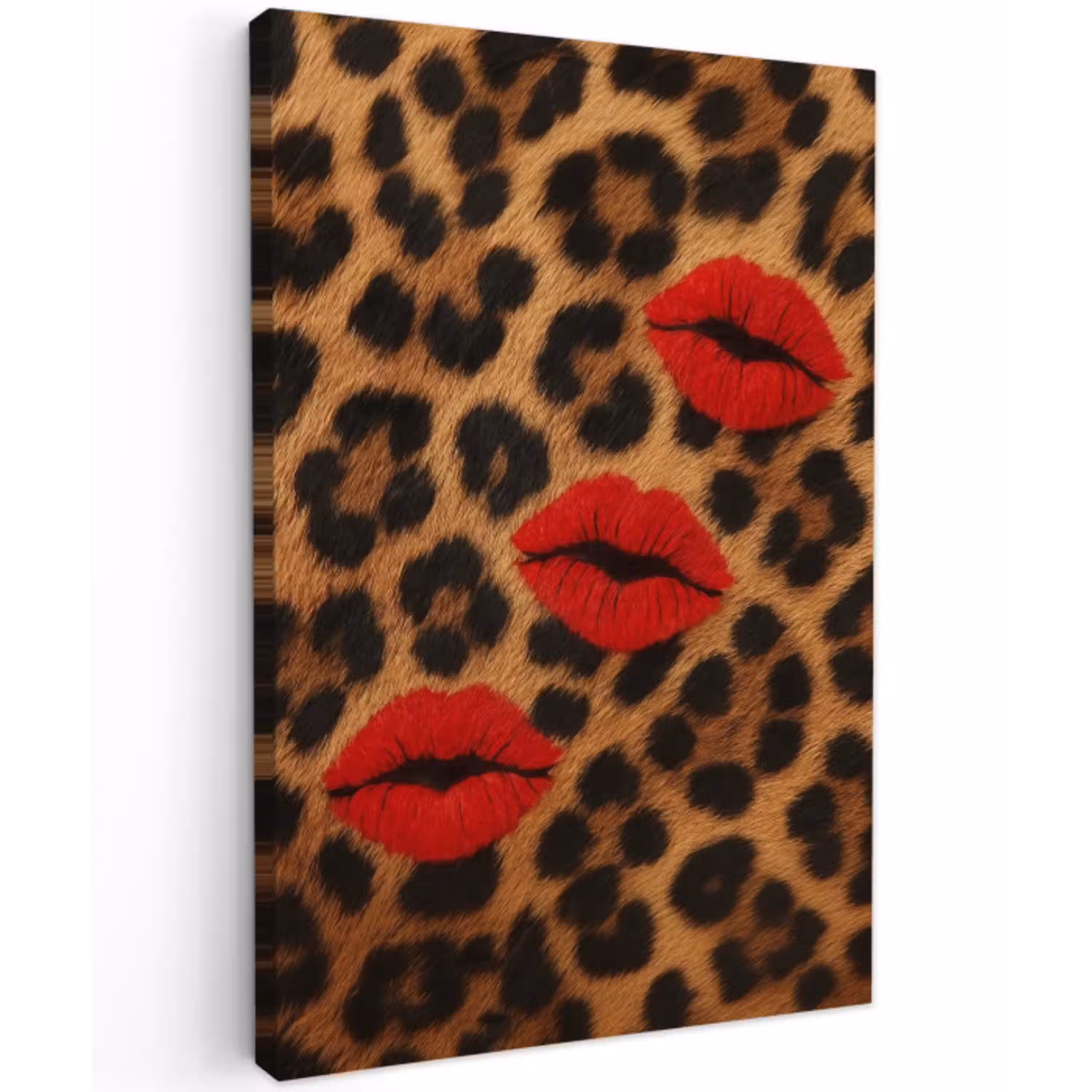 Lippen - Drie - Rood - Panterprint Tuinposter op houten frame 2 cm dik middel -3d