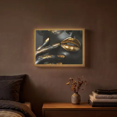 Lippen - Goud - Abstract - Zwart - Vrouw Light Box met batterij (Wandlamp) middel -sfeer4