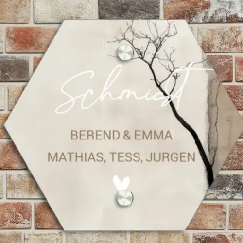 Boomsilhouet beige achtergrond - Sierlijk Naambord Hexagon klein -sfeer2