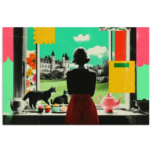 Vrouw - Keuken - Katten - Doorkijk poster papier klein -3d