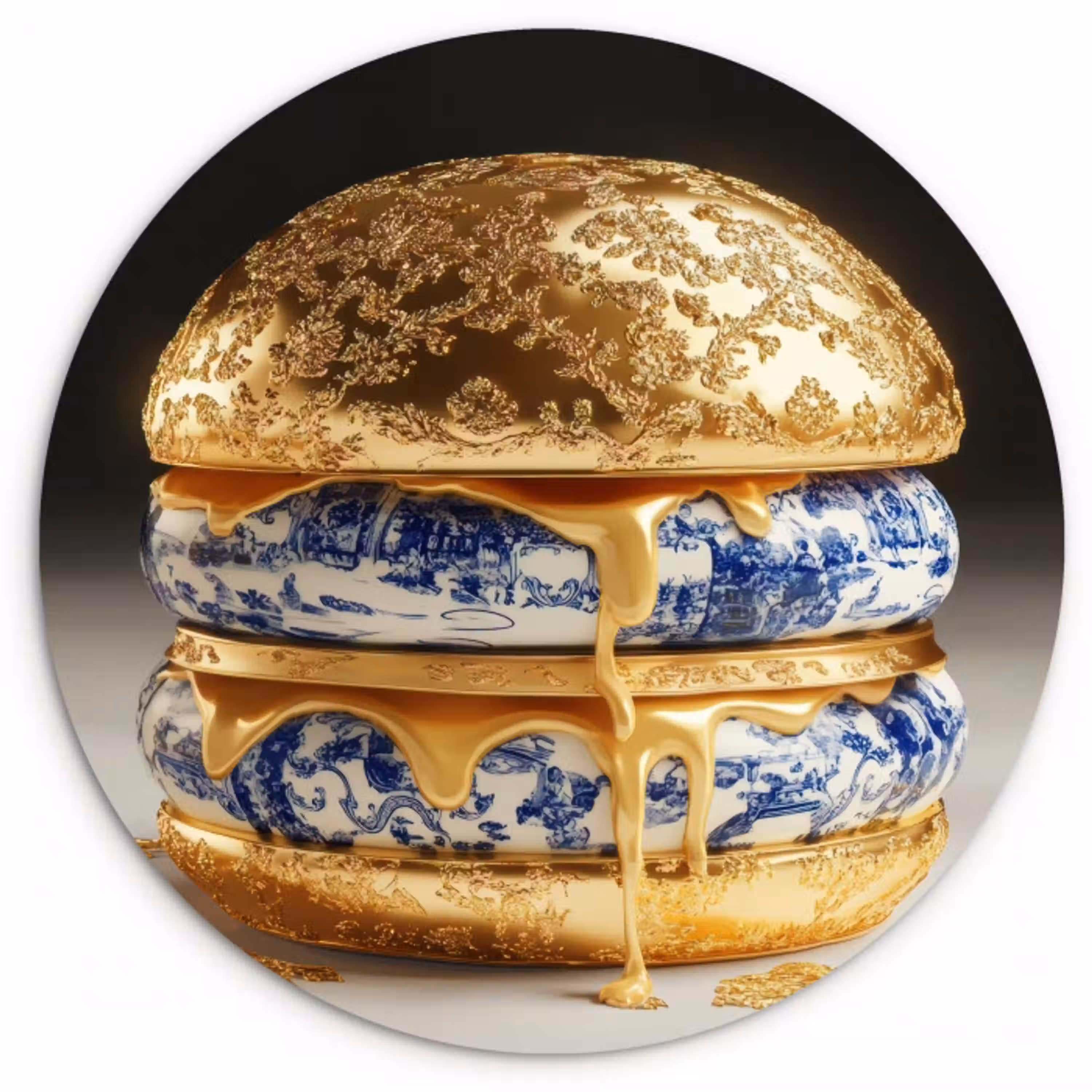 Delftsblauw - Goud - Burger Wandcirkel plexiglas klein -3d