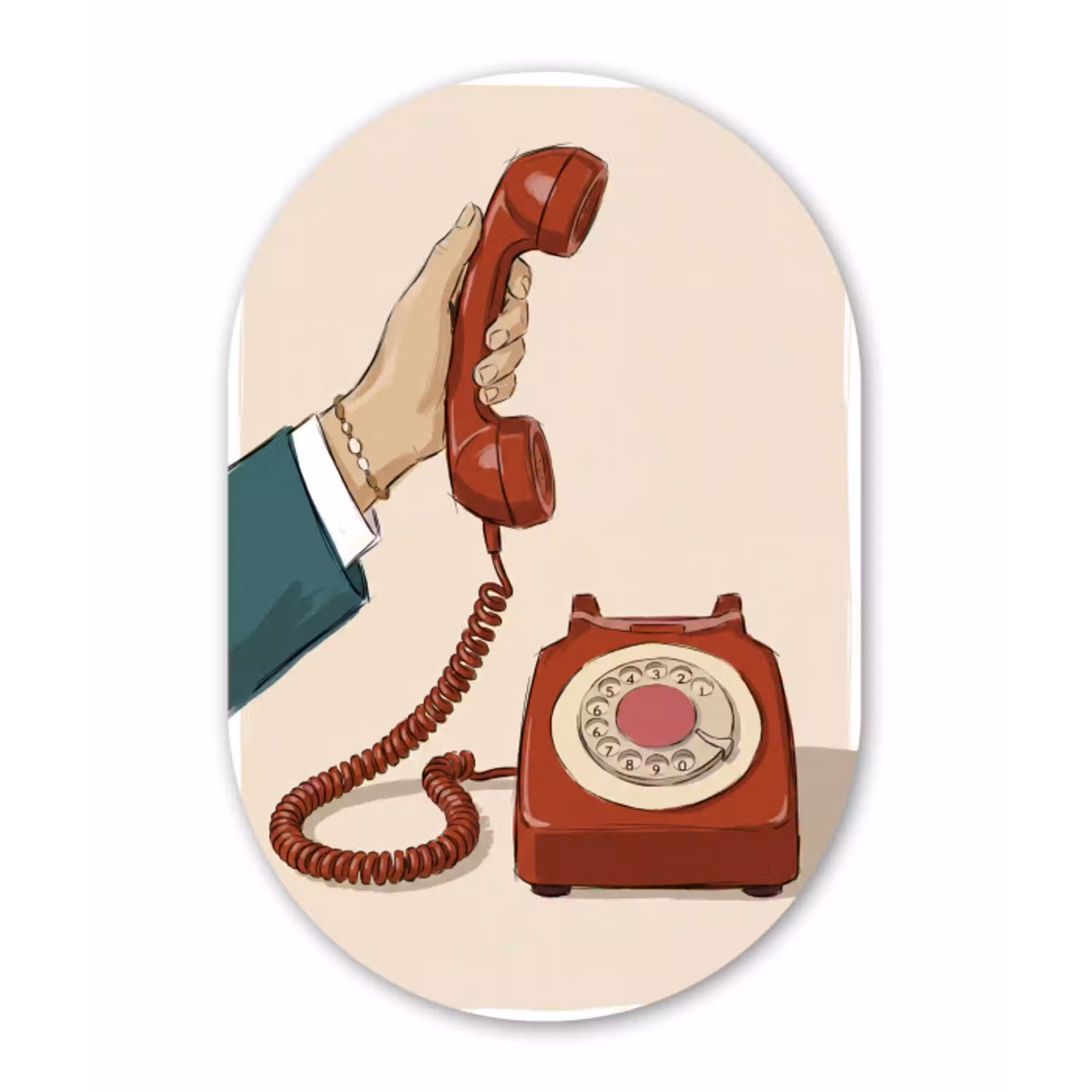 Telefoon - Hand - Vintage - Communicatie - Rood Wandcirkel Ovaal Aluminium middel -3d