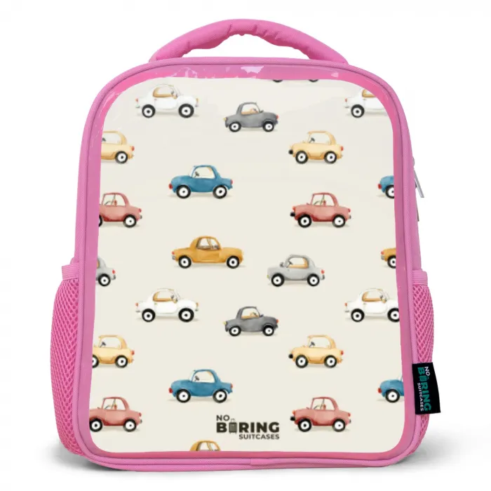 Kleurrijke retro autootjes Kinderrugzak - Roze middel -3d