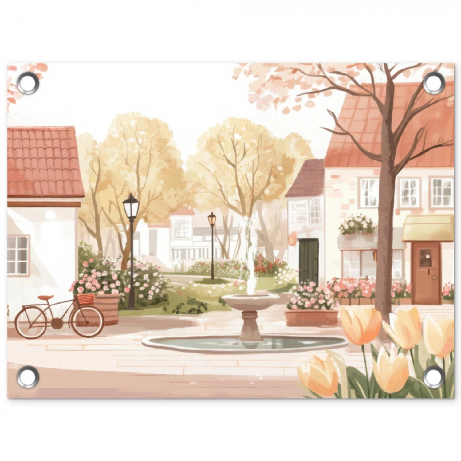 Dorpsplein - Fontein - Tulpen tuinposter los doek klein -3d