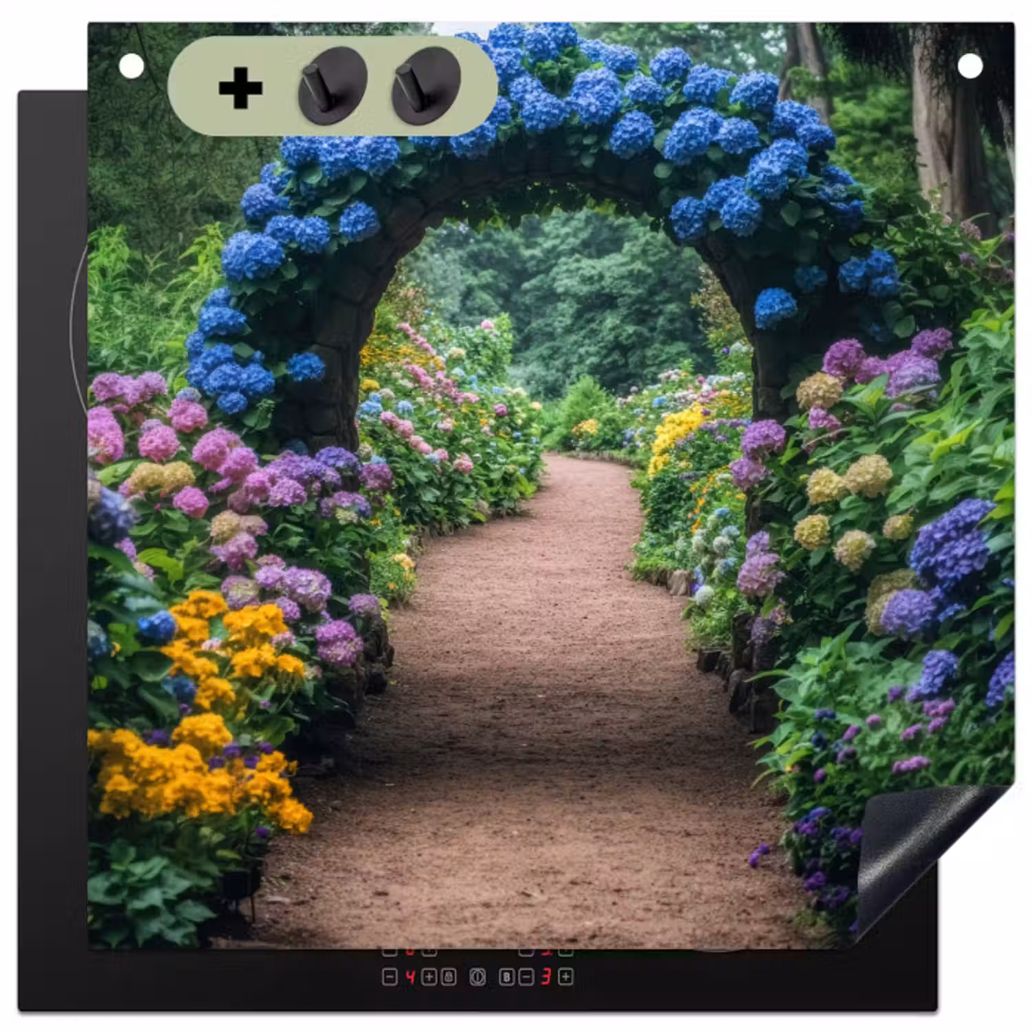 Inductie beschermer en spatscherm (2in1) - Doorkijk - Bloemen - Hortensia - Pad