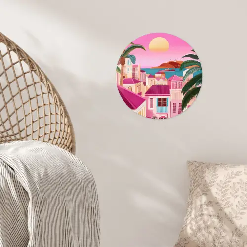 Stad - Roze - Palmbomen Wandcirkel behangsticker klein -sfeer4