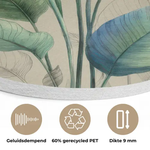 Paradijsvogelbloemen - Blauwgroene bladeren - Beige Akoestische PET Vilt - Rond klein -closeup_NL