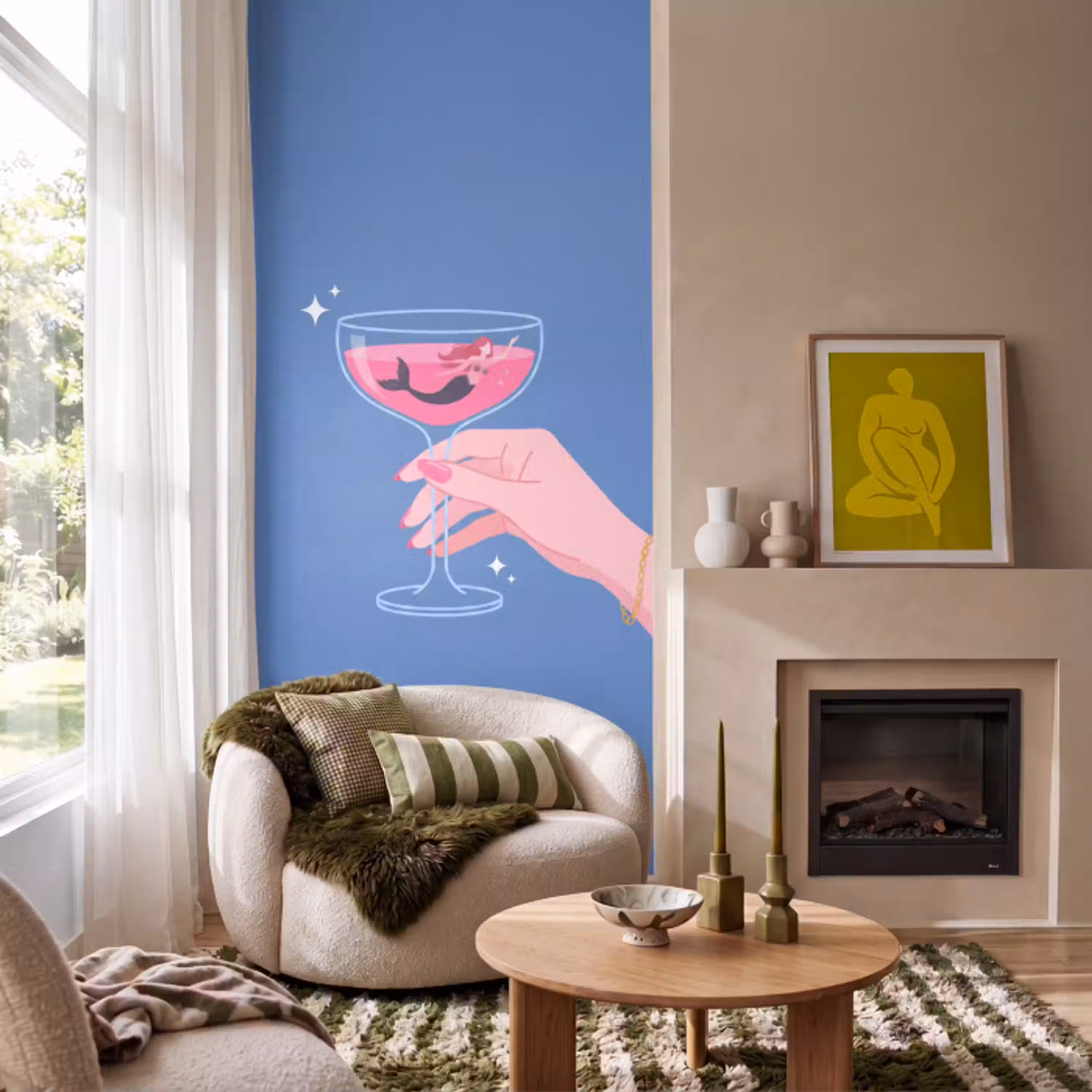 Vrouw - Glas - Abstract - Roze - Blauw Behang Vlies klein -sfeer2
