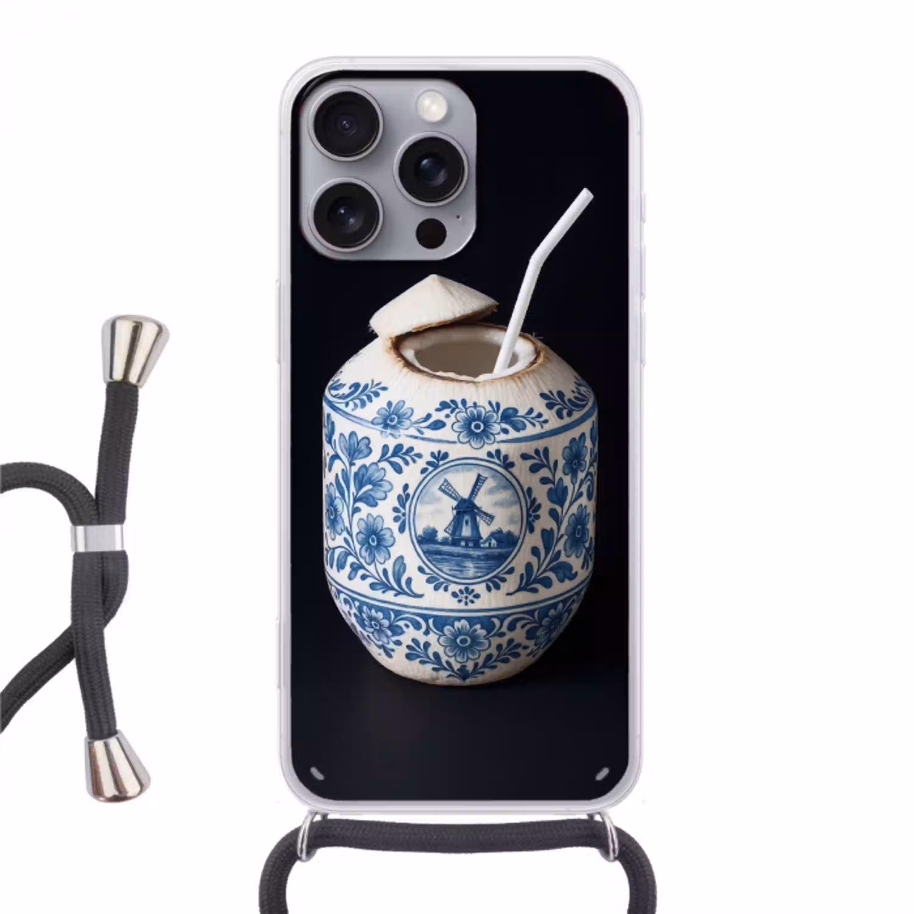 Kokosnoot - Eten - Delfts blauw - Drinken Hoesje iPhone 16 Pro Max met koord klein -3d